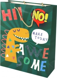 Borsa regalo di carta verde con dinosauro 41,5 × 30 × 12 cm