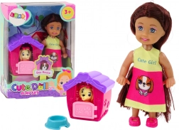 Mini bambola con capelli lunghi e gonnellino multicolore con cane e cuccia