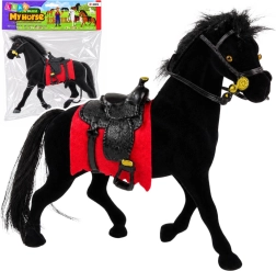 Figurina in velluto di cavallo nero con sottosella rosso e sella