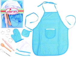 Set da cucina per bambini con grembiule blu a pois, cappello, guanto e strumenti da forno