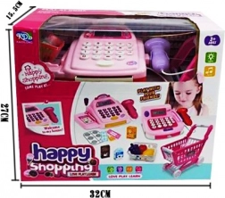 Cassa con carrello da supermercato e acquisti