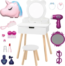 Viga toeletta per bambini bianca con specchio e set di accessori unicorno