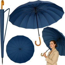 Grande ombrello lungo automatico con 24 stecche, blu navy, 115 cm con custodia a tracolla