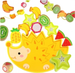Gioco Montessori di equilibrio in legno riccio con blocchi di frutta infilabili