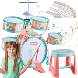 Set di batteria per bambini Woopie con 5 tamburi, piatto e sgabello con motivo animalesco