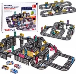 Set da costruzione magnetico per pista stradale con 168 pezzi, 4 automobiline e segnali stradali