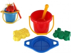 Set di plastica per la sabbia con secchiello, setaccio, paletta e 2 formine