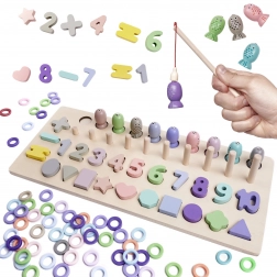 Gioco educativo in legno 2 in 1: incastro forme, abaco e pesciolini magnetici