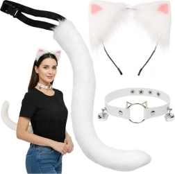 Costume gatto, volpe o lupo 3 in 1 RUHHY – set bianco con coda, orecchie e choker