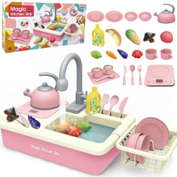 Lavello da cucina per bambini con set di stoviglie XXL – rosa