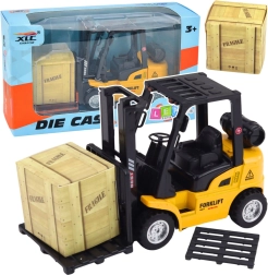 Carrello elevatore in metallo con meccanismo a retrocarica, pallet e cassa – giallo