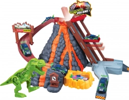 pista con vulcano e auto che cambia colore