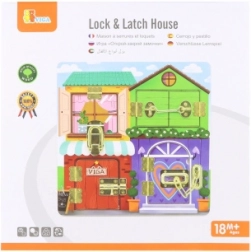 Tavola sensoriale in legno a forma di casetta Montessori con serrature e catenacci