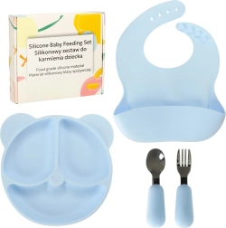 Set di stoviglie in silicone per bambini, 4 pezzi, motivo orsetto, blu