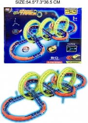 Pista da corsa luminosa per bambini 3+ con 3 loop 360° e macchinina a LED, 74 pezzi