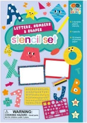 Stencil per lettere, numeri e forme con set di pastelli