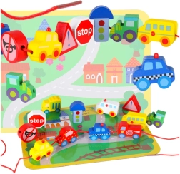 Perline in legno – veicoli e segnali stradali con tappetino da gioco