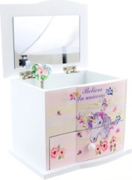 Scatola portagioie musicale in legno con unicorno con specchio e cassetto
