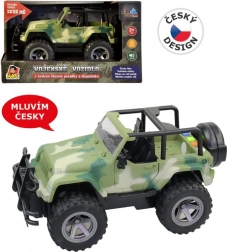 Jeep militare a retrocarica con luci e suoni dell’equipaggio in ceco 1:16