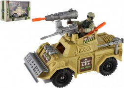 set militare auto blindata con soldato e accessori, plastica, ruote libere