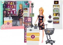 Bambola al supermercato con scaffali, cestino della spesa e alimenti