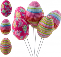 Uova decorative di Pasqua su bastoncini con pois, fiori e strisce, set di 6 pezzi