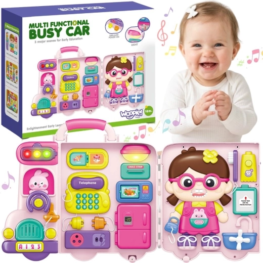 Woopie lavagna manipolativa interattiva Busy car 3in1 in valigetta con suoni e luci