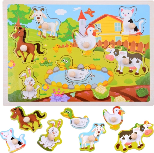 Puzzle in legno a incastro con animali della fattoria – 7 pezzi con pomelli