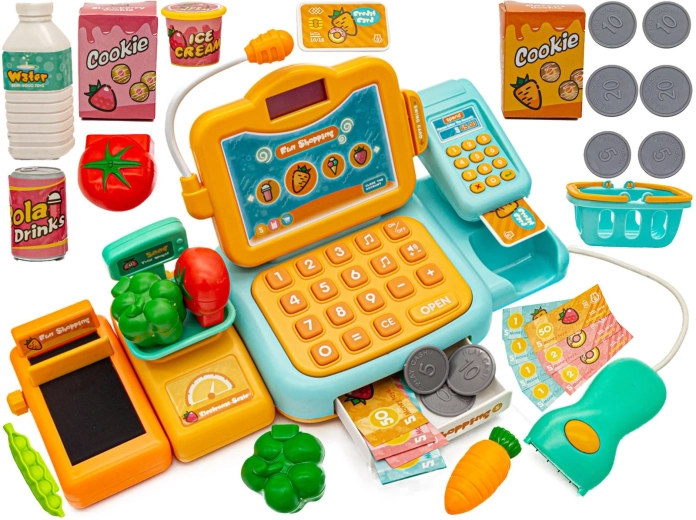 Cassa giocattolo educativa per bambini per giocare al negozio con microfono, bilancia e scanner
