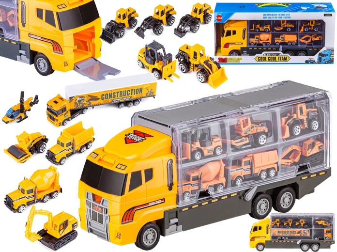 Trasportatore per bambini di veicoli da cantiere con rimorchio apribile ed elicottero 12 in 1