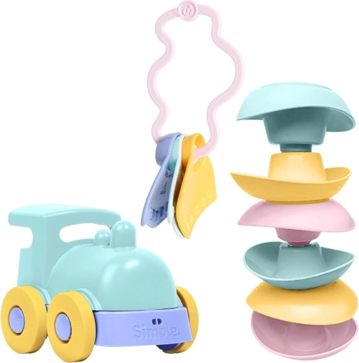 Simple. set di giochi per bebè – locomotiva color menta, barchette impilabili e sonaglio-massaggiagengive