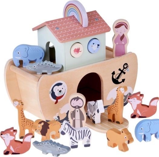 Arca di Noè in legno con figurine di animali