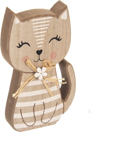 Decorazione in legno a forma di gatto a righe marrone-bianco 15 cm