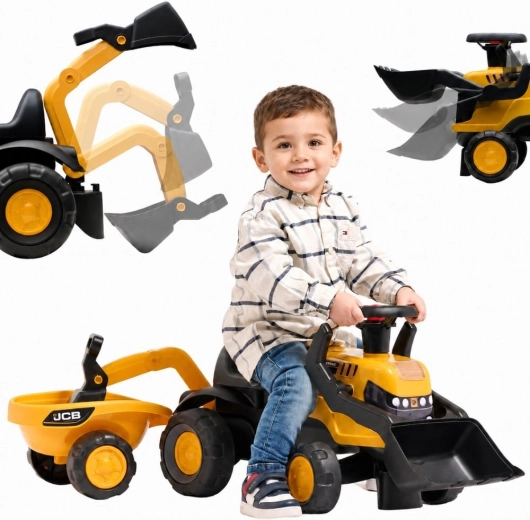 Cavalcabile per bambini JCB con rimorchio, paletta e rastrello