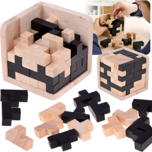 Cubo logico 3D in legno Tetris nero-naturale