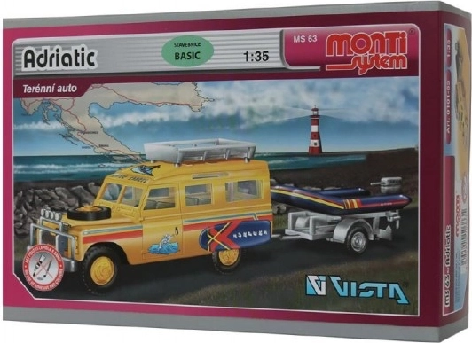 Kit di costruzioni Monti System MS 63 Adriatic Land Rover-rimorchio con barca/gommone 1:35 in scatola 22x15x6cm