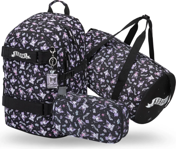 Set Baagl Skate Kuromi nero – zaino, astuccio e borsa sportiva pieghevole