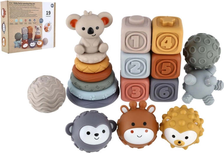 Set in silicone per neonati: anelli impilabili, cubi e palline sensoriali 19 pz