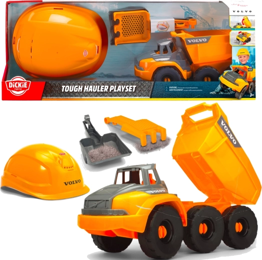 Set da costruzione Volvo Dickie Toys con autocarro ribaltabile e casco protettivo