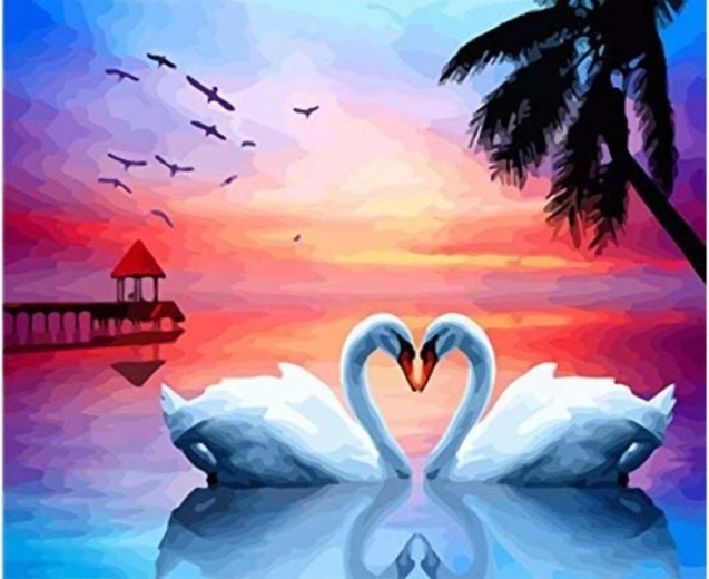 Quadro da dipingere con i numeri in cornice 50 × 40 cm – due cigni (cuore)