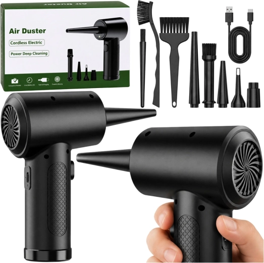Pistola elettrica soffiante per polvere (air duster) USB‑C con set di ugelli e spazzoline