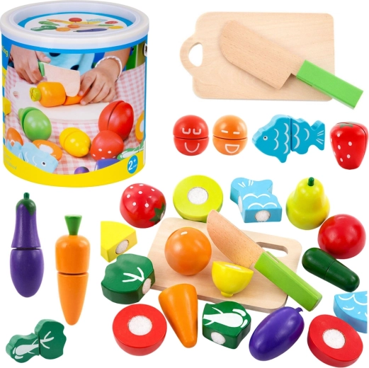 Set in legno di frutta e verdura da tagliare in secchiello con tagliere e coltello
