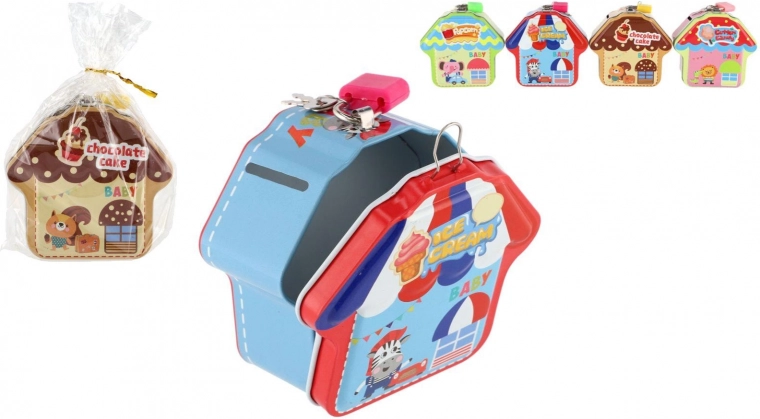 Salvadanaio in latta a forma di casetta con lucchetto, 10 × 10 cm, vari colori