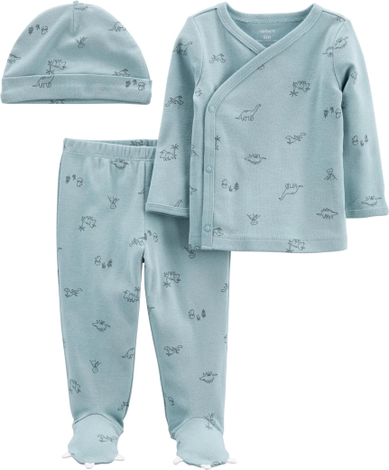 Carter’s set neonato 3 pezzi Blue Dino – maglietta a maniche lunghe, pantaloni con piedini e cappellino