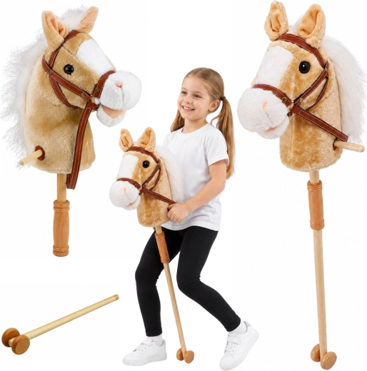Cavallo a bastone con ruote e suoni, beige 100 cm