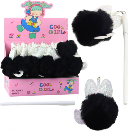 Penna a gel con pompon nero inchiostro blu 17cm 0,5mm