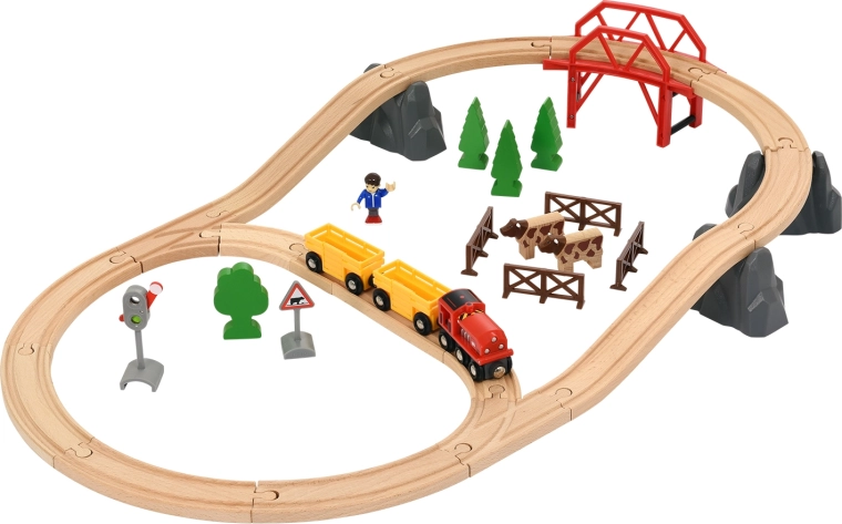 Pista ferroviaria in legno con paesaggio di campagna