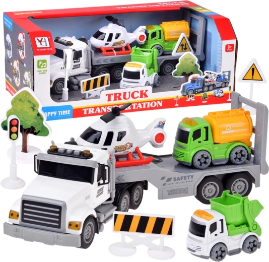 Camion bisarca per bambini con elicottero, camion ribaltabile, betoniera e accessori stradali