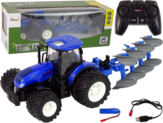 Trattore RC 1:24 con carrozzeria in metallo e aratro – blu