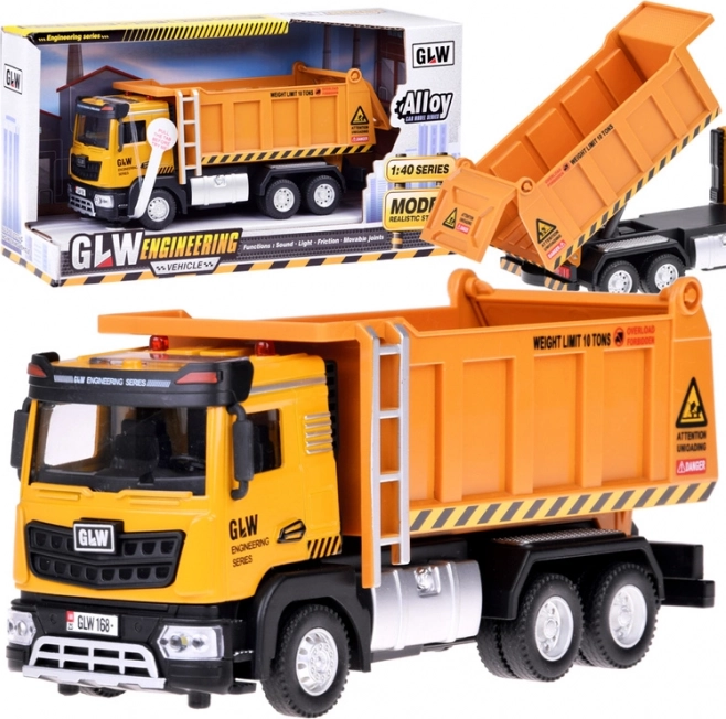 Camion ribaltabile per bambini con luci e suoni, carrozzeria in metallo, pull-back